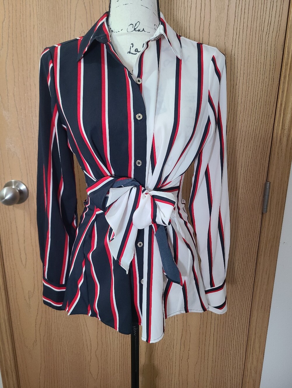 Tommy Hilfiger Colorblock Asymmetrical Striped Tie Front Button Down Shirt